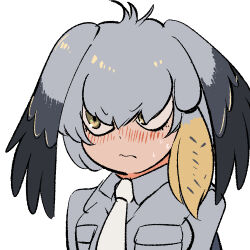  1girl bird_wings blonde_hair blush breast_pocket closed_mouth collared_shirt grey_background grey_hair grey_shirt hair_between_eyes head_wings kemono_friends long_hair looking_to_the_side mcgunngu multicolored_hair necktie nose_blush pocket shirt shoebill_(kemono_friends) side_ponytail simple_background solo sweat upper_body wing_collar wings yellow_eyes 