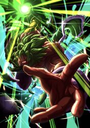  1boy absurdres armor bracer broken_armor broly_(dragon_ball_super) clenched_teeth colored_sclera commentary cross_scar dragon_ball dragon_ball_super dragon_ball_super_broly energy_ball english_commentary gekiroo glowing glowing_eyes green_hair highres incoming_attack legendary_super_saiyan leggings male_focus medium_hair no_pupils pelt purple_leggings reaching reaching_towards_viewer red_sclera scar scar_on_cheek scar_on_chest scar_on_face solo spiky_hair super_saiyan teeth topless_male 
