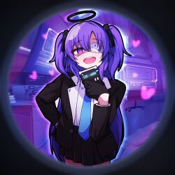 1girl black_halo black_jacket black_skirt blue_archive blue_necktie blush calculator collared_shirt commentary_request computer equation eyepatch hair_ornament halo heart heart-shaped_pupils highres holding_calculator jacket long_hair manli mechanical_halo medical_eyepatch monitor monitoring_(vocaloid) necktie open_mouth pov_peephole purple_hair shirt skirt solo symbol-shaped_pupils teeth triangle_hair_ornament two-sided_fabric two-sided_jacket two_side_up upper_teeth_only very_long_hair violet_eyes white_shirt yandere yuuka_(blue_archive)