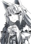  1girl animal_ears bare_shoulders bell bow cup eyebrows_visible_through_hair eyelashes fur hair_bow jingle_bell long_hair looking_to_the_side monochrome mug original shaun_(fallenicons) sketch 