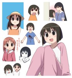  5girls :d azumanga_daioh azumanga_daioh's_school_uniform black_hair blue_shirt blush brown_eyes chihiro_(azumanga_daioh) chinagon_81 highres kaori_(azumanga_daioh) kasuga_ayumu long_hair mihama_chiyo multiple_girls orange_hair pajamas pants pink_pajamas pink_pants pout sakaki_(azumanga_daioh) school_uniform shirt short_hair smile 