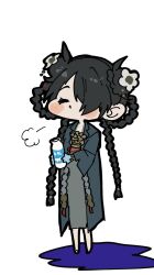  1girl black_hair bottle braid buzhichun_(xinyue_tongxing) chibi closed_eyes coat dress flower green_dress grey_coat hair_flower hair_ornament hair_over_one_eye holding holding_bottle long_dress long_hair milk_bottle one_eye_covered parted_lips puff_of_air solo standing twin_braids upper_body very_long_hair white_background white_flower xinyue_tongxing ziyunshanding 