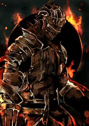  1other armor breastplate commentary_request dark_souls_(series) dark_souls_iii darksign_(dark_souls) embers fire gauntlets knight other_focus pauldrons shoulder_armor solo soul_of_cinder umeyama_(toma23) undead upper_body 