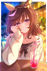  1girl absurdres animal_ears blurry blurry_background breasts brown_hair buena_vista_(casual)_(umamusume) buena_vista_(umamusume) checkered_hairband commentary crazy_straw cup drink drinking_glass drinking_straw elbow_rest english_commentary grin hairband hand_in_own_hair hand_up heart_straw highres horse_ears horse_girl jewelry long_hair long_sleeves looking_at_viewer medium_breasts midori_(midori13579) necklace night official_alternate_costume outdoors pov_across_table sitting smile solo sweater textless_version umamusume violet_eyes white_sweater 