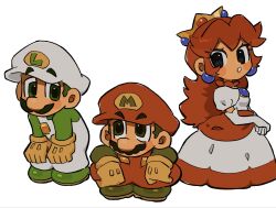  1girl 2boys bent_over black_eyes brothers brown_eyes brown_hair brown_shirt colored_skin crown detached_sleeves dress earrings eye_contact eyelashes facial_hair full_body gloves green_eyes green_hair green_shirt hands_on_own_knees hat highres jewelry long_hair looking_at_another luigi mario mimimi_(mimimim9999) multiple_boys mustache orange_skin overalls princess princess_peach puffy_short_sleeves puffy_sleeves red_dress red_hair red_hat red_overalls shirt shoes short_hair short_sleeves siblings squatting super_mario_bros. white_background white_dress white_hat white_overalls yellow_gloves 