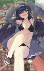  1girl bags_under_eyes bikini black_bikini black_hair blue_archive blush book box breasts brown_halo cardigan doodle_sensei_(blue_archive) grass grey_cardigan hair_between_eyes hairband halo jewelry li-mi long_hair looking_at_viewer lying o-ring o-ring_bikini o-ring_bottom o-ring_top official_alternate_costume on_back open_cardigan open_clothes open_mouth picnic_blanket purple_hairband sensei_(blue_archive) small_breasts solo swimsuit ui_(blue_archive) ui_(swimsuit)_(blue_archive) very_long_hair 