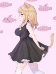  1girl :3 animal_ears bandaid bandaid_on_shoulder bangs black_dress blonde_hair blue_eyes blush breasts cat_ears cat_girl cat_tail closed_mouth dress eyebrows_visible_through_hair fang_out fish from_side impossible_clothes large_breasts long_hair original over-kneehighs pink_background simple_background sleeveless sleeveless_dress smile solo tail thigh-highs ushinomiya wavy_hair white_legwear 