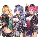  3girls bangs blonde_hair blue_eyes blue_hair breasts double_bun eyebrows_visible_through_hair fingerless_gloves garter_straps gloves granblue_fantasy hair_ornament hat long_hair looking_at_viewer maimu_(shingeki_no_bahamut) medium_breasts meimu_(shingeki_no_bahamut) miimu minaba_hideo multiple_girls official_art open_mouth pelvic_curtain red_eyes redhead shingeki_no_bahamut short_hair shorts shoulder_pads smile sword thigh-highs transparent_background weapon yellow_eyes 