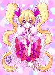  1girl 2015 blonde_hair bow closed_mouth cure_peach dated earrings finger_to_mouth fresh_precure! frilled_skirt frills hair_ornament heart heart_background heart_earrings heart_hair_ornament jewelry long_hair looking_at_viewer maboroshineko magical_girl momozono_love pink_background pink_bow pink_choker pink_eyes pink_skirt precure puffy_sleeves signature skirt smile solo twintails upper_body 