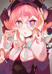  1girl alternate_eye_color aqua_bow aqua_bowtie aqua_eyes aqua_hair aquila_(honkai:_star_rail) bow bowtie commentary drill_hair futabababa_28 gradient_hair hat heterochromia highres honkai:_star_rail honkai_(series) hyacine_(honkai:_star_rail) long_hair long_sleeves looking_at_viewer multicolored_eyes multicolored_hair ok_sign ok_sign_over_eye open_mouth pink_hair ringed_eyes simple_background solo symbol-only_commentary twin_drills twitter_username upper_body 