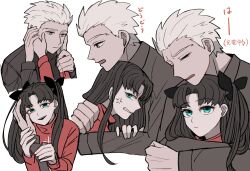  1boy 1girl anger_vein aqua_eyes archer_(fate) balcony black_hair clenched_teeth commentary_request dark-skinned_male dark_skin fate/stay_night fate_(series) grey_eyes hair_down hands_on_another's_cheeks hands_on_another's_face highres holding_another's_wrist hug hug_from_behind ohmoto_9 teeth tohsaka_rin two_side_up white_hair 