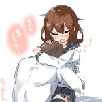  1boy 1girl admiral_(kantai_collection) arm_around_neck bangs black_legwear black_skirt blush brown_hair closed_eyes collarbone ebifurya eyebrows_visible_through_hair gloves hair_between_eyes hair_flaps hair_ornament hairclip hands_on_another&#039;s_head head_hug highres hug ikazuchi_(kantai_collection) kantai_collection long_hair long_sleeves open_mouth pleated_skirt school_uniform serafuku short_hair simple_background sitting skirt thigh-highs translated twitter_username white_background white_gloves zettai_ryouiki 