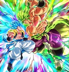  2boys abs aura battle black_vest blue_eyes blue_hair blue_sash broly_(dragon_ball_super) clenched_hands closed_eyes cropped_vest dragon_ball dragon_ball_super dragon_ball_super_broly full_body gogeta green_hair highres legendary_super_saiyan male_focus medium_hair metamoran_vest multiple_boys muscular muscular_male no_pupils no_shirt open_clothes open_mouth open_vest pants profile purple_pants rz28kp sash scar scar_on_chest scar_on_face spiky_hair super_saiyan super_saiyan_blue topless_male vest white_pants 