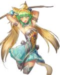  1girl animal_ears archer_of_red armpits bare_shoulders blonde_hair blush bow_(weapon) cat_ears cat_tail dress fate/apocrypha fate_(series) flat_chest green_eyes green_hair hair_ribbon highres long_hair looking_at_viewer melon22 multicolored_hair open_mouth ribbon simple_background solo tail thigh-highs twintails wavy_mouth weapon white_background 