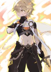  1boy aether_(genshin_impact) ahoge arm_armor armor artist_name baggy_pants belt black_gloves black_shirt blonde_hair braid brown_belt brown_eyes brown_pants chinese_commentary clenched_hand closed_mouth commentary_request cowboy_shot earrings fiery_background fire floating_clothes genshin_impact gloves gold_trim hair_between_eyes hand_up highres holding holding_sword holding_weapon injury jewelry judyfang5 long_hair looking_to_the_side low-braided_long_hair low-tied_long_hair male_focus midriff navel pants scar scar_on_face scarf shirt short_sleeves shoulder_armor single_braid single_earring solo standing star_(symbol) sword v-shaped_eyebrows weapon white_background white_scarf 