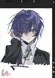  1boy art_program_in_frame black_jacket black_ribbon blue_eyes blue_hair chinese_commentary chunjinran000 closed_mouth collared_shirt commentary_request cropped_shoulders eyes_visible_through_hair gekkoukan_high_school_uniform hair_over_one_eye hand_on_own_ear headphones highres jacket looking_at_viewer male_focus neck_ribbon open_clothes open_jacket persona persona_3 procreate_(medium) procreate_(software) ribbon school_uniform shirt short_hair simple_background sleeves_past_wrists solo white_background white_shirt yuuki_makoto_(persona_3) 