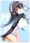  1girl :d arched_back bangs black_hair blush boots breasts brown_eyes character_name eyebrows_visible_through_hair gentoo_penguin_(kemono_friends) hair_between_eyes hand_up headphones hood hoodie kemono_friends knee_boots large_breasts legs_together long_hair looking_at_viewer miniskirt nishimura_eri open_mouth polka_dot polka_dot_background skirt smile solo speech_bubble thighs twitter_username very_long_hair white_skirt yellow_boots 