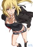  1girl blonde_hair camisole casual fate/grand_order fate/stay_night fate_(series) highres jacket jewelry necklace ponytail saber saber_alter short_shorts shorts solo suna thong yellow_eyes 