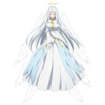  1girl accel_world blush breasts character_request closed_eyes dress feahtered_wings floating_hair full_body large_breasts long_hair official_art shiny shiny_clothes silver_hair simple_background solo very_long_hair white_background white_dress white_wings wings 