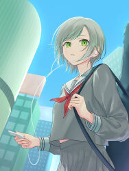  1girl absurdres blue_sky breasts building clear_sky commentary cowboy_shot day earphones earphones from_below from_side green_eyes grey_hair grey_serafuku grey_shirt grey_skirt guitar_case highres hinomori_shiho holding holding_mp3_player holding_strap instrument_case listening_to_music long_sleeves looking_back midriff_peek miyamasuzaka_girls'_academy_school_uniform mp3_player neckerchief outdoors parted_lips pleated_skirt project_sekai red_neckerchief sailor_collar school_uniform serafuku shirt shirt_overhang short_hair sidelocks sjuno skirt sky sleeve_cuffs small_breasts solo standing swept_bangs tareme urban white_sailor_collar 