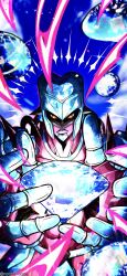  2others absurdres colored_skin crazy_diamond diamond_(gemstone) diamond_wa_kudakenai energy english_commentary gem helmet highres jojo_no_kimyou_na_bouken killer_queen looking_at_viewer multiple_others noonvincent open_hands orange_eyes other_focus pink_skin sky solo spikes stand_(jojo) twitter_username upper_body 