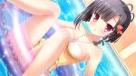  1girl :o antenna_hair bangs black_hair braid breasts fish_hair_ornament floating game_cg hair_ornament highres ikegami_akane innertube long_hair looking_at_viewer medium_breasts one-piece_swimsuit pool short_hair solo swimsuit takamiya_nanaka water wet yome_sagashi_ga_hakadori_sugite_yabai. 