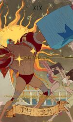  1boy 2girls arms_up bikini bikini_top_only black_hair blue_hair buzz_cut commentary elbow_gloves franky_(one_piece) gloves highres kiwi_(one_piece) mos_(one_piece) multiple_girls one_piece open_clothes open_shirt panties pointy_nose red_panties sample_watermark short_hair shorts siblings sisters siyangou49 smile sun sunglasses swimsuit underwear very_short_hair watermark 