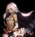  1girl altera_(fate) bare_shoulders breasts commentary_request dark_skin detached_sleeves fate/extella fate/extra fate/grand_order fate_(series) gambe_(seelunto) highres looking_at_viewer midriff navel red_eyes short_hair small_breasts solo sword tattoo veil weapon white_hair 