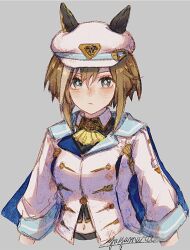  1girl animal_ears blue_eyes blush breasts brown_hair cheval_grand_(grand_itineraire)_(umamusume) cheval_grand_(umamusume) ear_covers ears_through_headwear hair_between_eyes hat hat_belt highres horse_ears horse_girl looking_at_viewer multicolored_hair peaked_cap simple_background single_ear_cover solo streaked_hair umamusume white_background white_hair white_hat yayamarublog 
