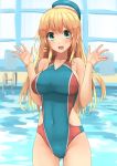  1girl atago_(kantai_collection) bare_arms bare_shoulders beret blonde_hair blue_swimsuit blurry breasts collarbone competition_swimsuit cowboy_shot depth_of_field green_eyes hair_between_eyes hat highres impossible_clothes kantai_collection large_breasts lips long_hair looking_at_viewer multicolored multicolored_clothes multicolored_swimsuit one-piece_swimsuit open_mouth revision soil_chopsticks solo swimsuit thighs 