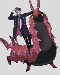  1boy arm_up belt black_belt black_coat black_pants coat collared_shirt contrapposto corbeau_(pokemon) glasses grey_background highres lapels long_sleeves male_focus necktie outstretched_arm pants pkmnrkgk pokemon pokemon_legends:_z-a purple_coat purple_shirt purple_shoes round_eyewear scolipede shading_eyes shirt shirt_tucked_in shoes standing two-sided_coat two-sided_fabric white_necktie wing_collar yellow_eyes 
