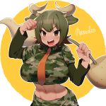  &gt;:d 1girl :d abs animal_ears arm_up aurochs_(kemono_friends) bangs blush breasts brown_eyes camouflage camouflage_shirt camouflage_skirt character_name circle clenched_hand collared_shirt cow_ears cow_girl cow_horns dark_skin dumbbell eyebrows_visible_through_hair eyelashes gradient_hair green_hair green_shirt groin holding horns kemono_friends kiri_futoshi large_breasts layered_clothing leaning_forward midriff multicolored_hair navel necktie nose_blush open_mouth orange_necktie outline sharp_teeth shirt signature skirt smile solo spiky_hair taut_clothes taut_shirt teeth toned tsurime undershirt upper_body weapon white_background 