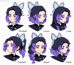  1girl :o absurdres alternate_hair_length alternate_hairstyle black_hair blush braid butterfly_hair_ornament commentary demon_slayer_uniform english_text grey_background hair_ornament highres japanese_clothes kimetsu_no_yaiba kochou_shinobu long_hair looking_at_viewer multicolored_hair multiple_views pink_hair ponytail purple_hair short_hair simple_background smile twixei0 two-tone_hair violet_eyes 
