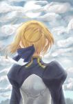  1girl absurdres ahoge armor armored_dress blonde_hair clouds cloudy_sky fate/stay_night fate_(series) from_behind highres juliet_sleeves long_sleeves puffy_sleeves saber sky solo upper_body 