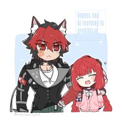  1boy 1girl :< animal_ear_fluff animal_ear_piercing animal_ears bandaged_arm bandages black_hair black_jacket black_sailor_collar blue_background braid braided_twintails cardigan closed_eyes closed_mouth collar collarbone commentary_request dog_boy dog_ears green_pants hair_ornament hand_in_pocket head_tilt hearing_aid hetero highres jacket jewelry komano_manato long_hair memoo_cchi motion_lines multicolored_hair multiple_scars muscular muscular_male necklace no_pupils open_mouth pants pink_cardigan red_bandage red_eyes red_hair sailor_collar scar scar_across_eye scar_on_chest scar_on_face shirt short_hair sparkle sphere_hair_ornament spiked_jacket two-tone_background ukinami_yuzuha white_background white_shirt zenless_zone_zero 