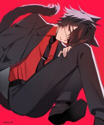  1boy absurdres animal_ears belt black_belt black_hair black_jacket black_necktie black_pants black_shoes blazer cat_boy cat_ears cat_tail commentary_request eyepatch hair_over_one_eye hand_on_own_leg highres jacket kemonomimi_mode looking_at_viewer male_focus medical_eyepatch natsuki_marina necktie ooe_(game) pants parted_bangs red_background red_eyes red_shirt shinbashi_(ooe) shirt shirt_tucked_in shoes short_hair sitting solo tail tie_clip 
