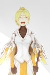  1girl a_pu_(a_pu_pu) arms_at_sides bodysuit breasts clenched_hand closed_eyes cowboy_shot crying facing_viewer grey_background high_ponytail highres holding holding_staff mechanical_halo mechanical_wings medium_breasts mercy_(overwatch) open_mouth overwatch pelvic_curtain simple_background sketch solo staff tears white_background wings yellow_wings 