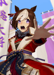  1girl absurdres animal_ears banner battle_standard blush braid brown_hair coat flag hair_between_eyes half_up_braid highres horse_ears horse_girl horse_tail long_sleeves multicolored_hair no_uwazumi official_alternate_costume open_mouth outstretched_arm red_coat ribbon short_hair solo special_week_(supreme_commander_of_the_rising_sun)_(umamusume) special_week_(umamusume) tail teeth two-tone_hair umamusume violet_eyes war_banner white_hair 