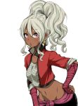  1girl bandaged_arm breasts dark_skin dragon_quest dragon_quest_x earrings jewelry looking_at_viewer midriff navel parumezan ponytail silver_hair simple_background solo violet_eyes white_background 