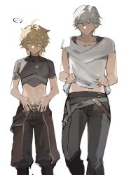  ... 2boys aether_(genshin_impact) ahoge baggy_pants belt black_boots black_pants black_shirt blonde_hair boots brown_pants caelus_(honkai:_star_rail) closed_mouth clothes_lift collarbone company_connection covered_collarbone cowboy_shot crossover earrings genshin_impact gold_trim grey_belt grey_hair hair_between_eyes highres honkai:_star_rail honkai_(series) jewelry judyfang5 long_hair looking_down male_focus midriff mihoyo multiple_boys navel no_pupils pants shirt shirt_lift short_hair short_sleeves simple_background single_earring speech_bubble spoken_ellipsis standing star_(symbol) t-shirt trailblazer_(honkai:_star_rail) white_background white_shirt yellow_eyes 