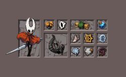  1girl 94l1 arthropod_girl beads black_eyes black_skin broken_mask cloak colored_skin everbloom_(hollow_knight) full_body grey_background harp highres holding holding_weapon hollow_eyes hollow_knight hollow_knight:_silksong horned_mask hornet_(hollow_knight) horns instrument map_(object) mask needle_(hollow_knight) pixel_art red_cloak rosary solo standing weapon white_mask 