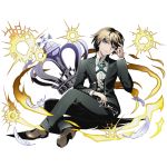 1boy alpha_transparency blonde_hair blue_eyes closed_mouth crown dangan_ronpa dangan_ronpa_1 divine_gate feathers full_body glasses glasses_removed head_tilt legs_crossed looking_at_viewer male_focus official_art shadow shoes short_hair sitting solo togami_byakuya transparent_background ucmm 