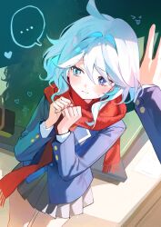  ... 1boy 1girl alternate_costume averting_eyes black_skirt blue_eyes blue_hair blue_jacket blush drop-shaped_pupils furina_(genshin_impact) genshin_impact hands_up heterochromia highres jacket kabedon multicolored_hair pleated_skirt pov red_scarf sa_mhe scarf school_uniform short_hair skirt solo_focus spoken_ellipsis streaked_hair symbol-shaped_pupils wavy_hair white_hair 
