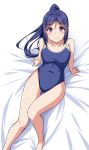  1girl bed_sheet blue_hair blue_swimsuit blush breasts commentary_request covered_navel highres long_hair long_ponytail looking_at_viewer looking_up love_live! love_live!_sunshine!! matsuura_kanan one-piece_swimsuit ponytail sitting smile solo swimsuit violet_eyes yopparai_oni 