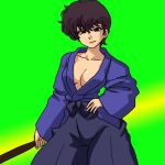  1girl bangs black_eyes black_hair blue_hakama bokken breasts closed_mouth cowboy_shot genderswap genderswap_(mtf) green_background hakama hand_on_hip holding japanese_clothes kunou_tatewaki long_sleeves looking_at_viewer medium_breasts open_clothes open_shirt oversized_clothes ranma_1/2 shirt short_hair simple_background smile solo standing sword wantan-orz weapon wide_sleeves wooden_sword 