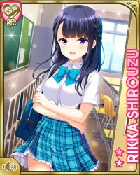  1girl black_eyes black_hair black_socks blue_bow blue_bowtie blue_skirt bow bowtie card_(medium) character_name full_body girlfriend_(kari) jacket loafers looking_at_viewer miniskirt official_art plaid_clothes plaid_skirt pleated_skirt qp:flapper school_uniform shirouzu_rikka shirt shoes skirt smile socks solo standing suspenders undressing white_shirt 