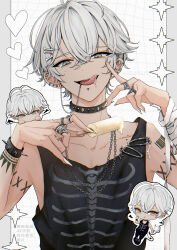  1boy absurdres arm_tattoo barcode barcode_tattoo black_choker black_shoes black_tank_top bone_hair_ornament chain chibi choker collarbone commentary demon_tail english_commentary finger_tattoo food grey_eyes grey_hair hair_between_eyes hair_ornament highres jewelry male_focus multiple_rings niwa281610 original popsicle ring shoes short_hair tail tan tank_top tattoo tongue watermark 
