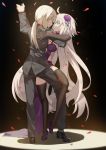  2girls ahoge black_legwear breasts dancing elbow_gloves eye_contact fate/grand_order fate_(series) flower formal gloves hair_flower hair_ornament hand_holding high_heels highres jeanne_alter leg_between_thighs long_hair looking_at_another medium_breasts multiple_girls nanaya_(daaijianglin) pant_suit pants petals ponytail rose_petals ruler_(fate/apocrypha) saber saber_alter suit thigh-highs thighs yellow_eyes 