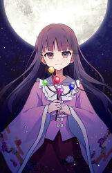  1girl absurdres black_hair blunt_bangs bow branch commentary commission floral_print frilled_sailor_collar frills gagaku_kawa_rei highres holding holding_branch houraisan_kaguya jeweled_branch_of_hourai long_hair long_sleeves looking_at_viewer moon night night_sky pink_shirt red_skirt sailor_collar shirt skeb_commission skirt sky smile solo star_(sky) straight_hair touhou very_long_hair white_bow white_sailor_collar wide_sleeves 