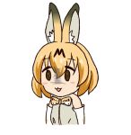  1girl :3 animal_ears artist_request blonde_hair blush cat_ears eyebrows eyebrows_visible_through_hair gloves kemono_friends open_eyes open_mouth ribbon serval_(kemono_friends) short_hair simple_background solo upper_body yellow_eyes 